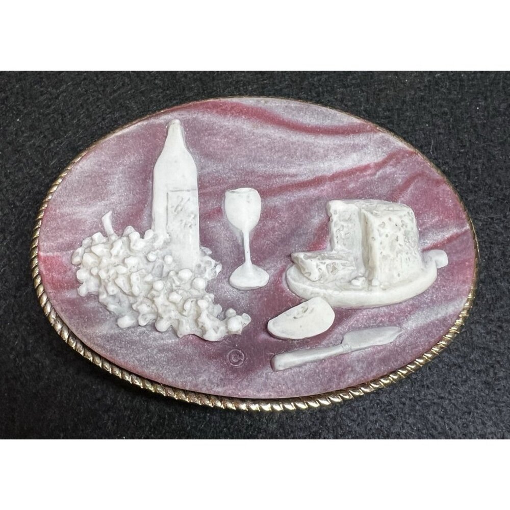 Vintage Incolay Cameo Stone & Brass Belt Buckle Wine & Cheese French Bistro